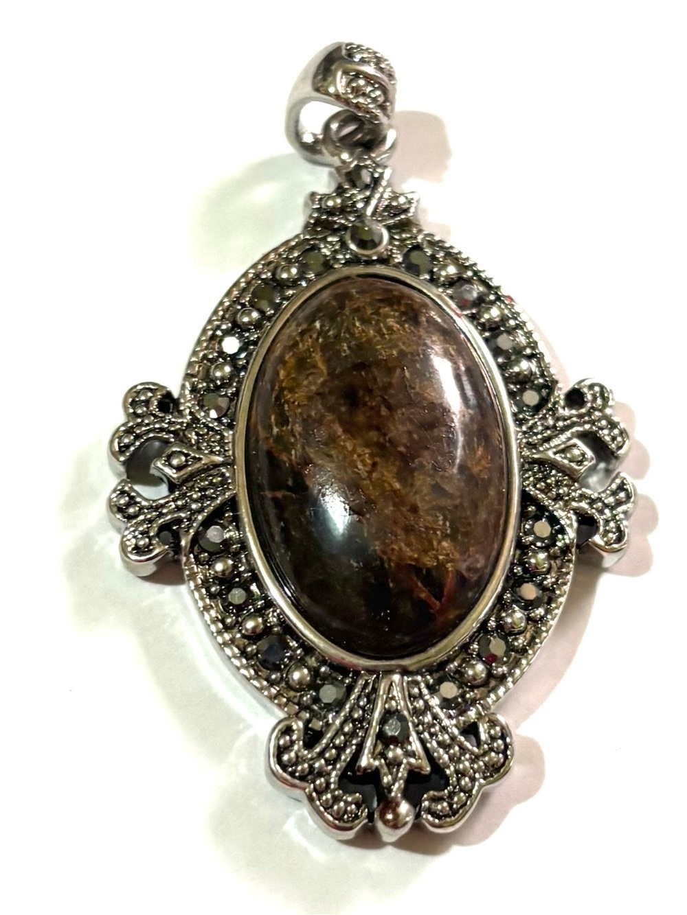 Vintage Brown and Silver Marcasite Oval Pendant - Vintage